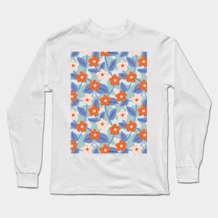 Wavy flower pattern in blue and orange Long Sleeve T-Shirt